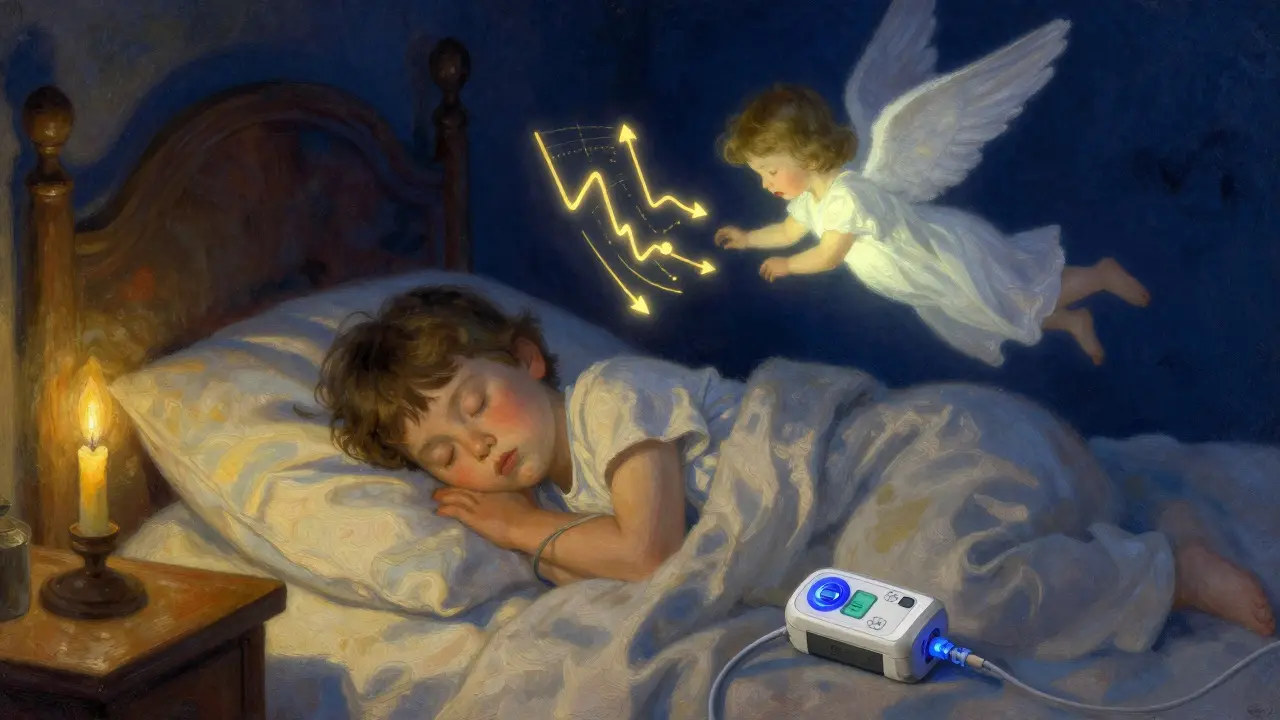 A sleeping child with a glowing glucose monitor above, casting golden trend arrows in warm nighttime lighting.