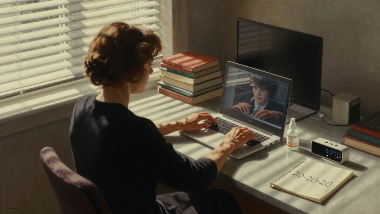 A woman adjusting her laptop on books, sunlight filtered through blinds, eye drops and timer nearby.