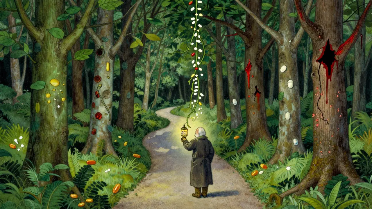 An elderly person walking a path of medications, illuminated by the ARMOR method, with dangerous interactions as twisted vines.