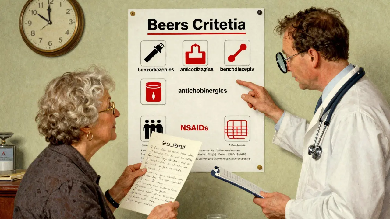 An older woman and pharmacist reviewing a Beers Criteria chart with illustrated high-risk medications.