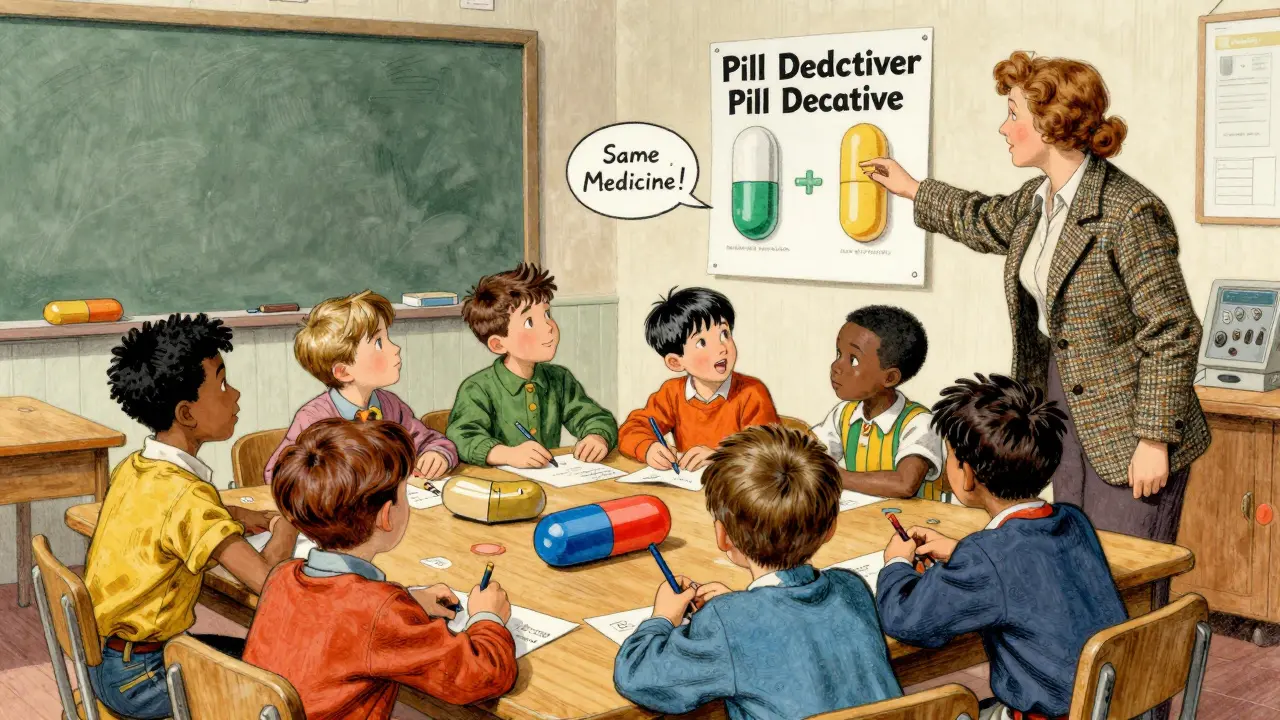 Children play a classroom game matching pill shapes and labels, learning that different-looking pills can be the same medicine.