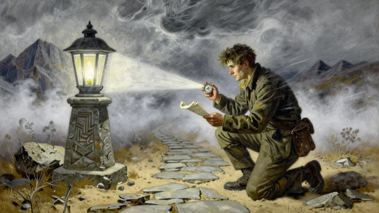 Explorer checking compass by lantern light in storm.