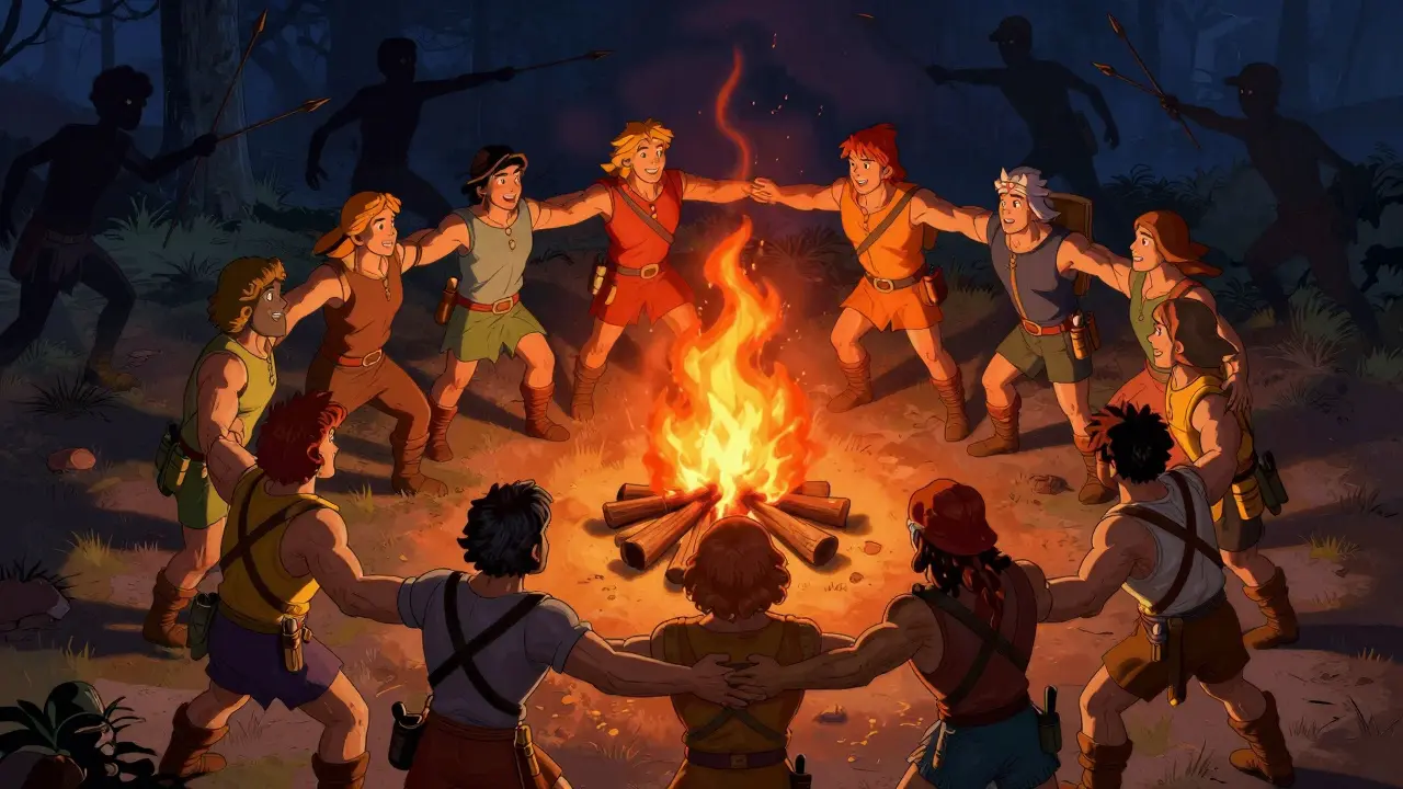 Group forming circle around fire against shadows.