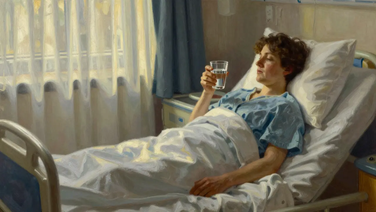 Patient drinking water in hospital bed.