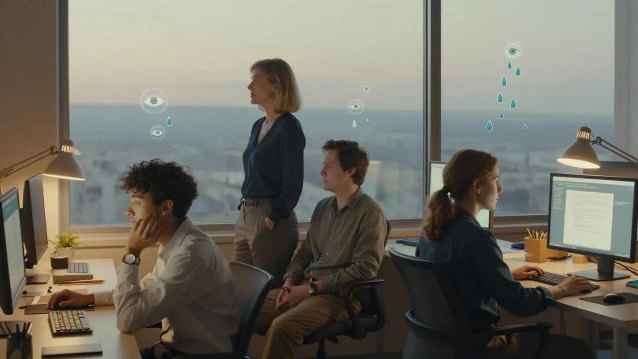 Three professionals pausing to look out a window, monitors glowing softly, eyes relaxed and at peace.