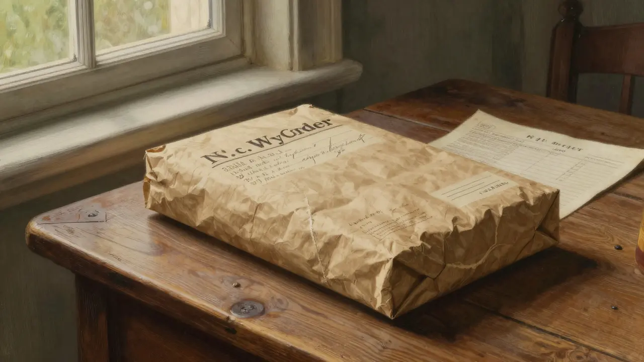 A mail-order medication package and prescription on a wooden table