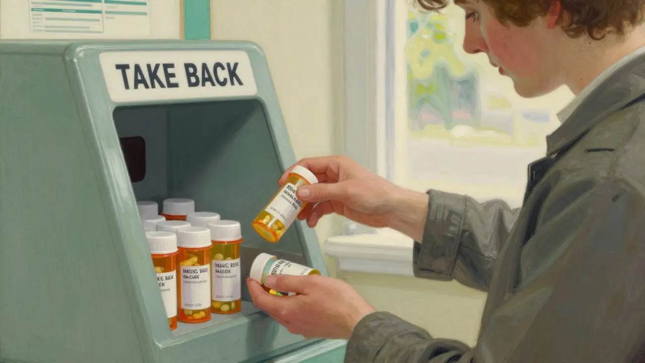 A person placing expired prescription bottles into a secure pharmacy take-back kiosk.