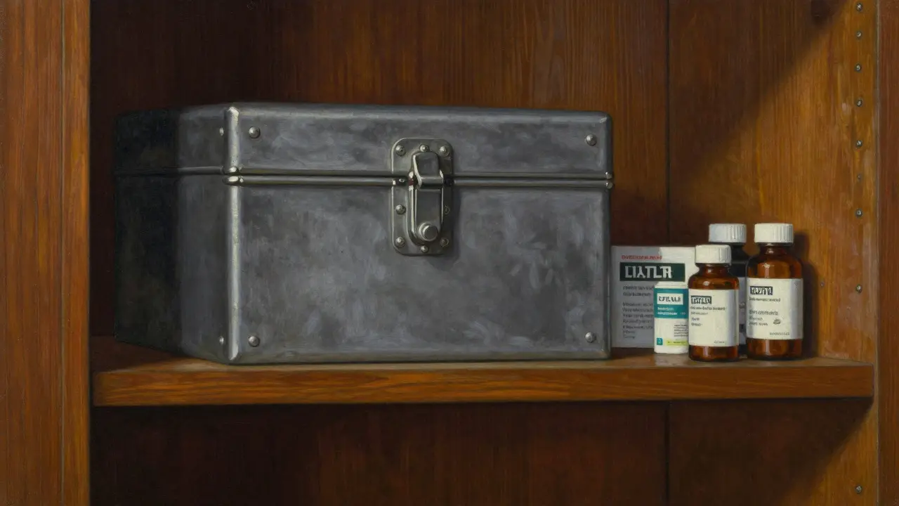 A secure metal lockbox mounted on a high shelf holding original medicine bottles.