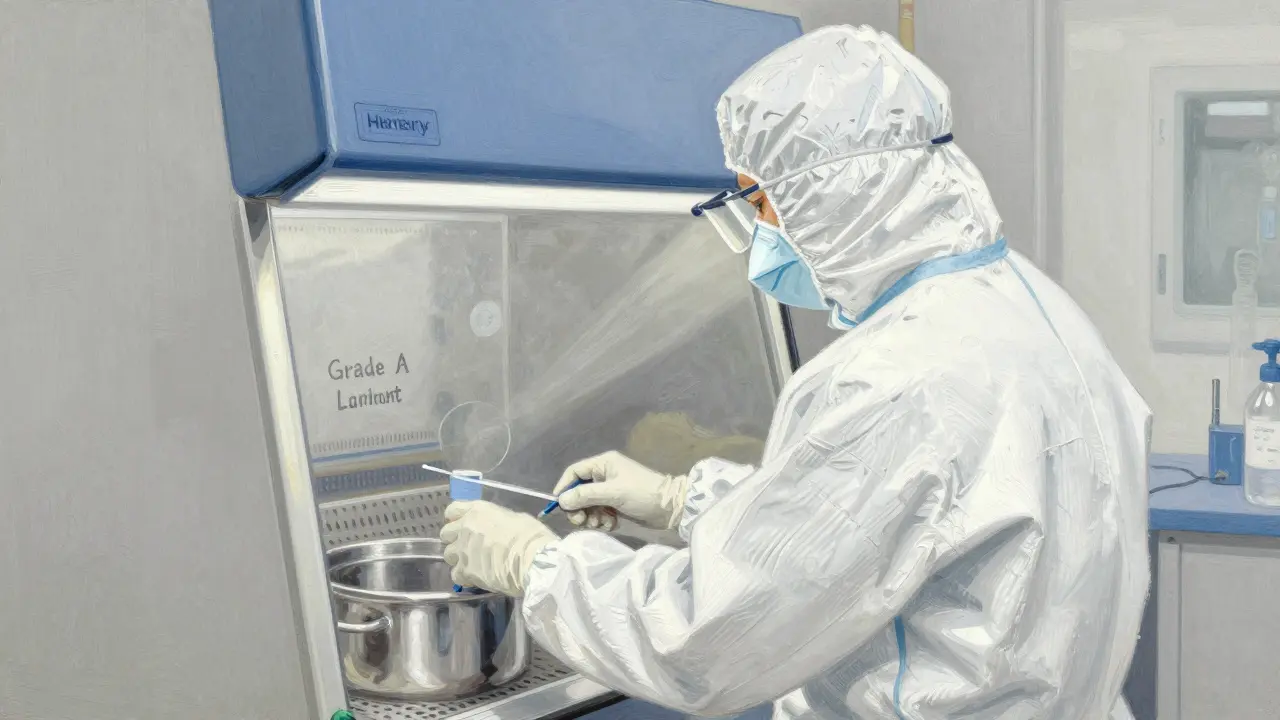 A technician in full sterile gear working at a Grade A aseptic filling station.