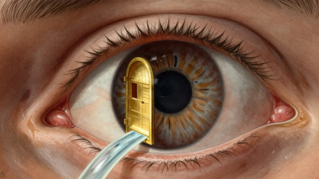 Artistic depiction of a golden doorway opening to allow fluid to drain from the eye.