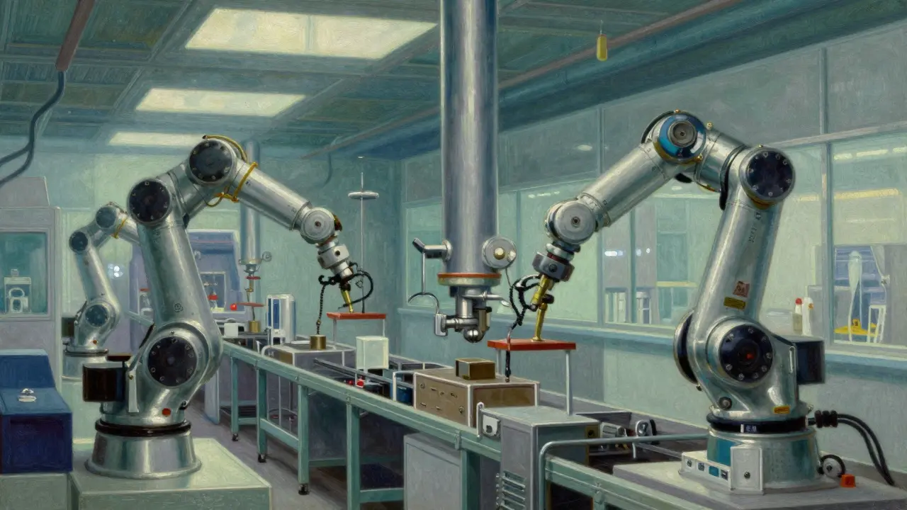 Automated robotic arms operating within a high-tech, human-free sterile production line.
