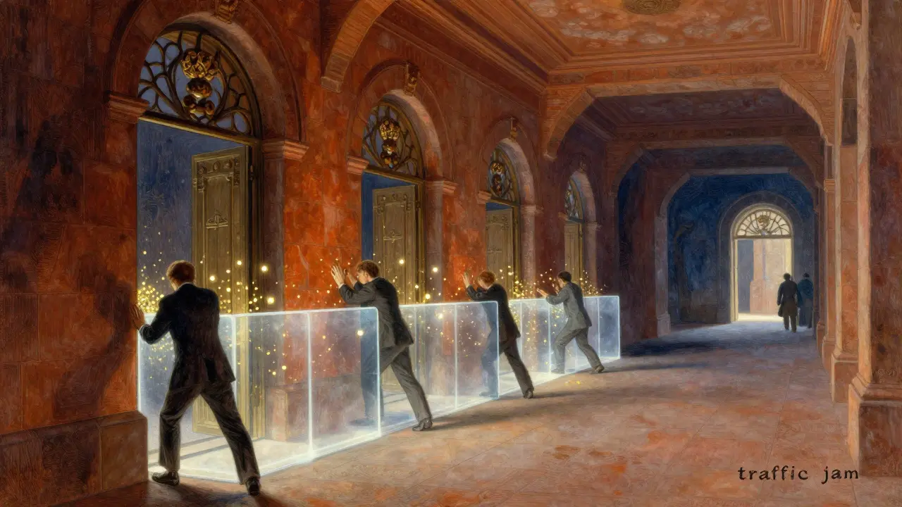 Conceptual illustration of a biological traffic jam inside a kidney.