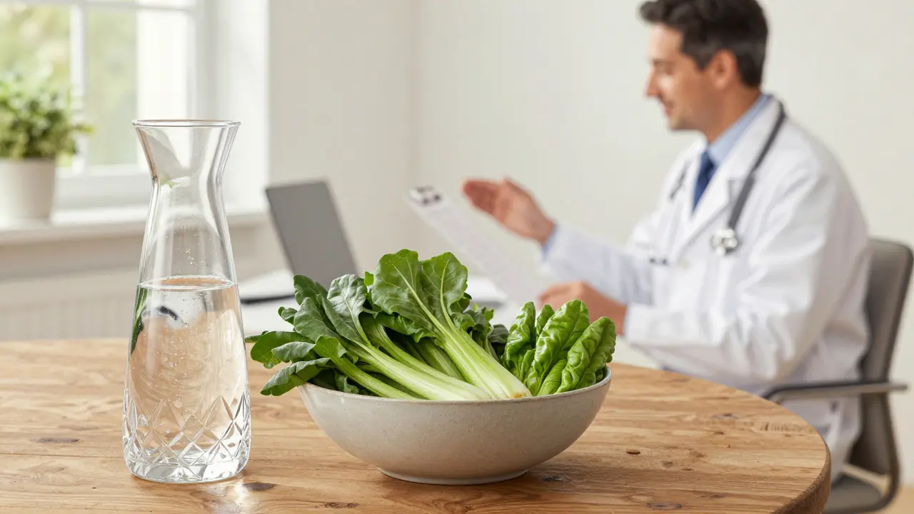 Fresh water and vegetables on a table with a doctor in the background.