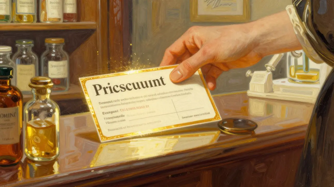 Hand holding a golden discount coupon at a pharmacy counter