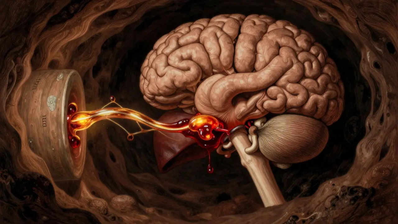 Metaphorical depiction of enzyme blockage in the liver and brain causing drug buildup.