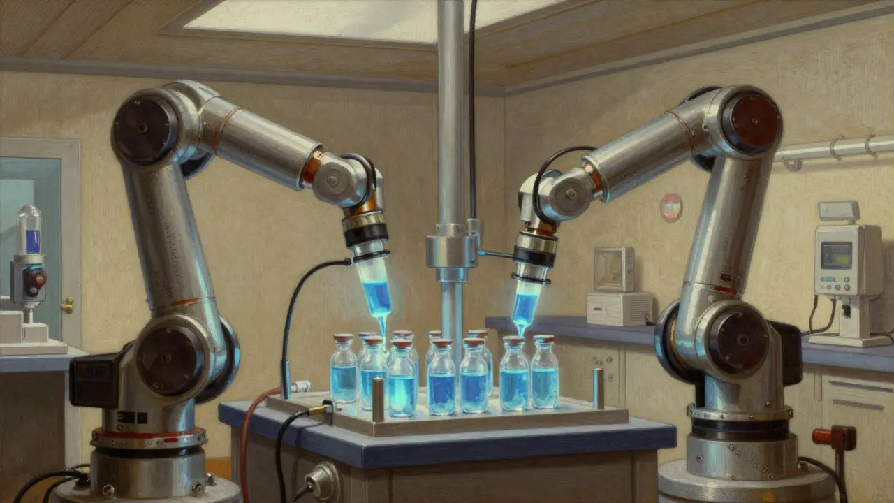 Robotic arms filling pharmaceutical vials in automated lab