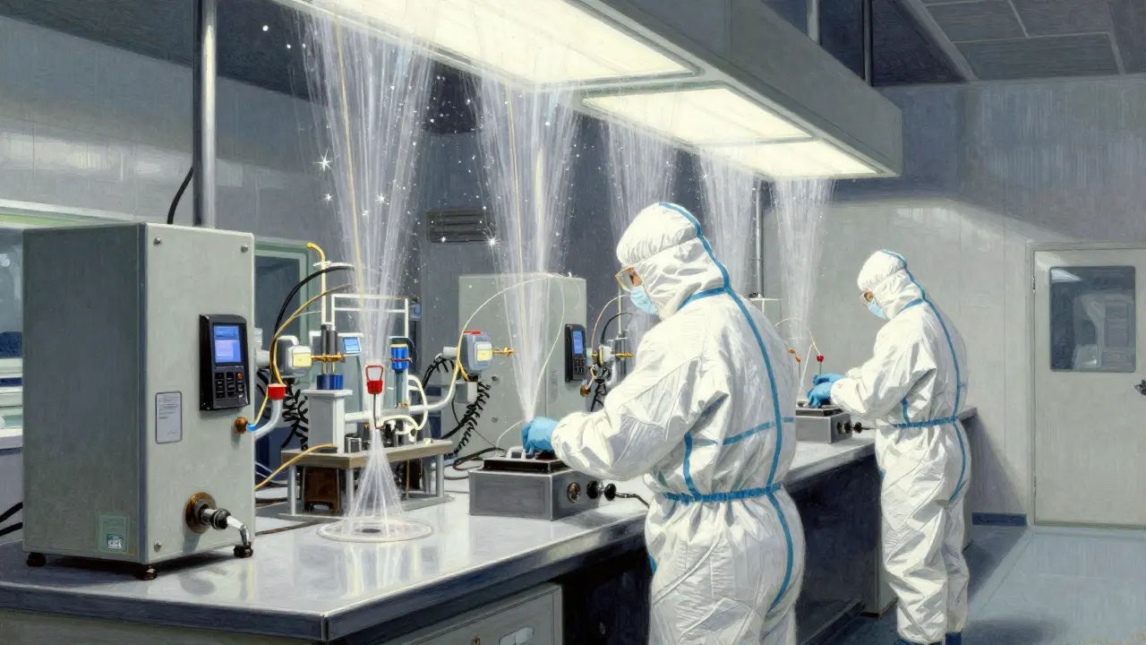 Technicians in white protective suits inside sterile cleanroom