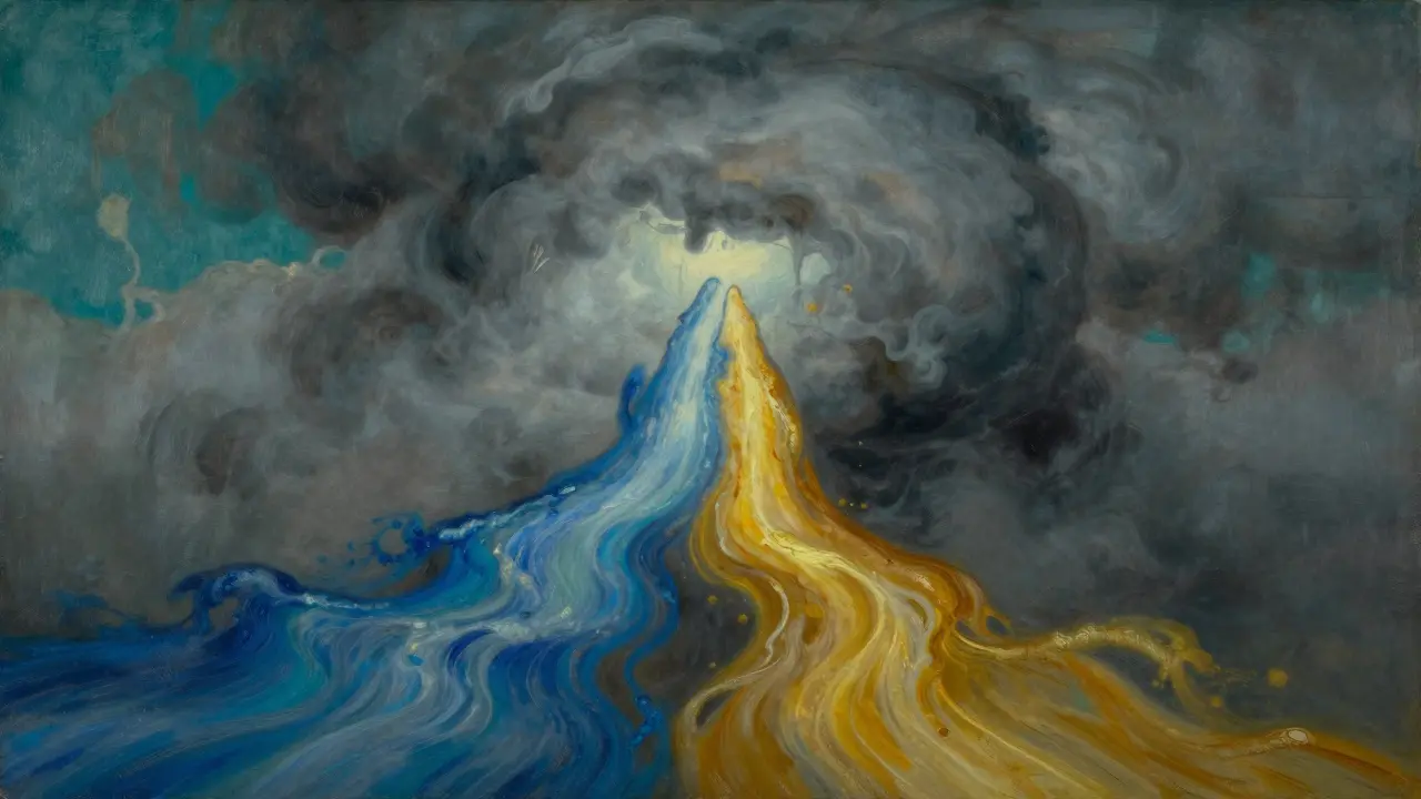 Two streams of light merging to push back a grey mist, symbolizing combined glaucoma medication.